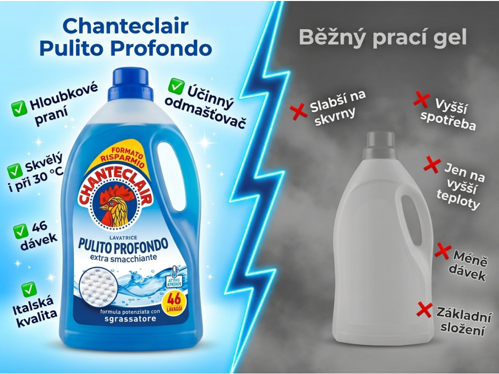 Chante Pulito Profondo prací gel na bílé prádlo - srovnání s běžným gelem