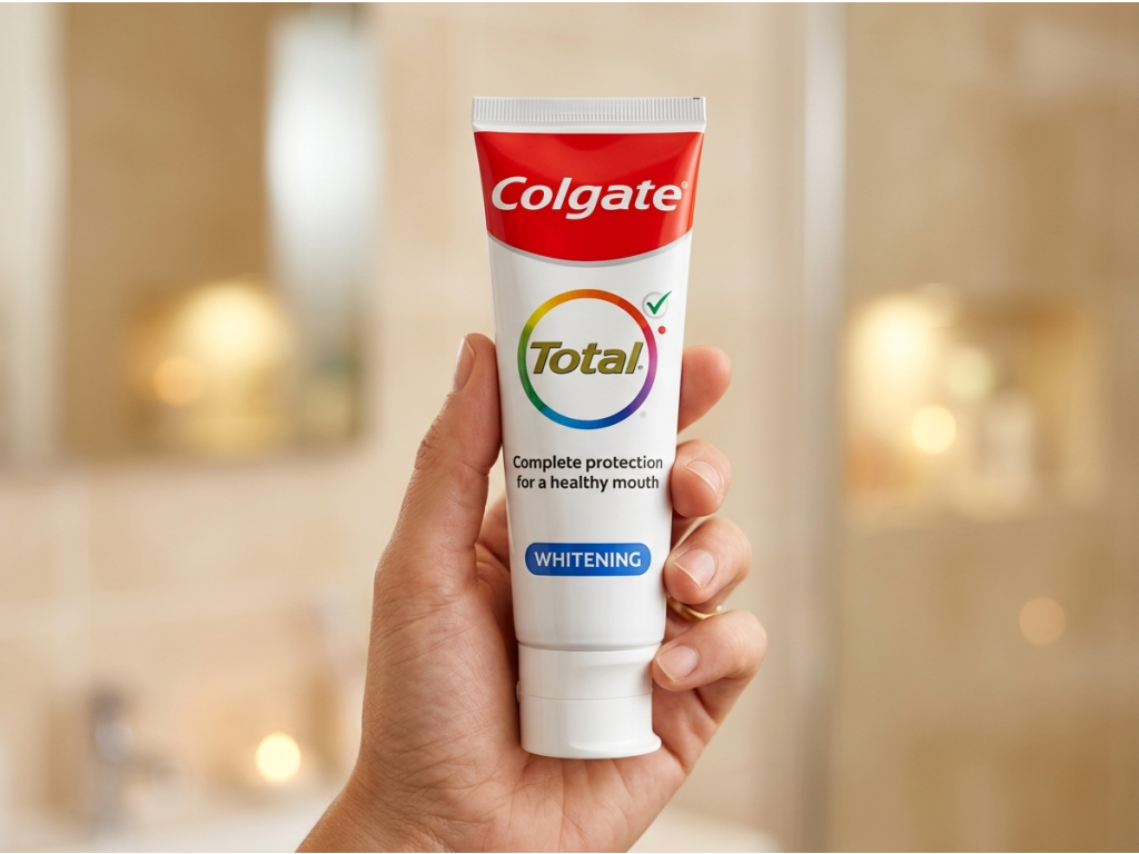 Colgate Total Whitening zubní pasta XXL 125 ml v ruce