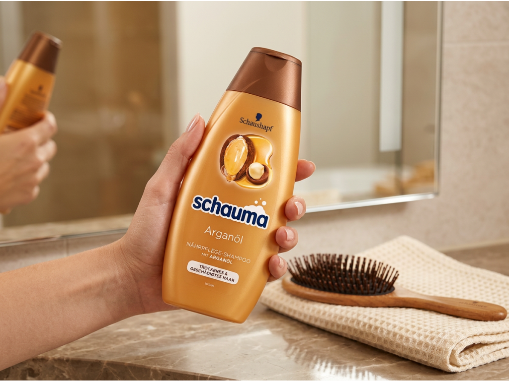 Šampon Schauma s arganovým olejem v ruce