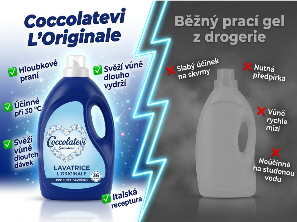Coccolatevi Univerzální prací gel L'Originale - srovnání s běžným pracím gelem
