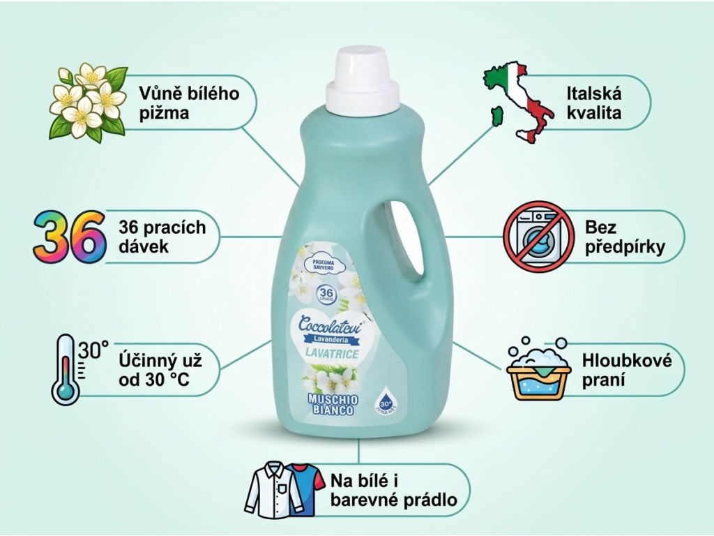 Coccolatevi Muschio Bianco prací gel - přehled výhod