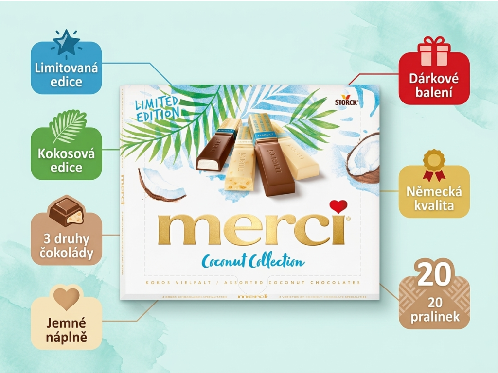 Storck Merci Finest Selection Kokosová edice 250g - infografika