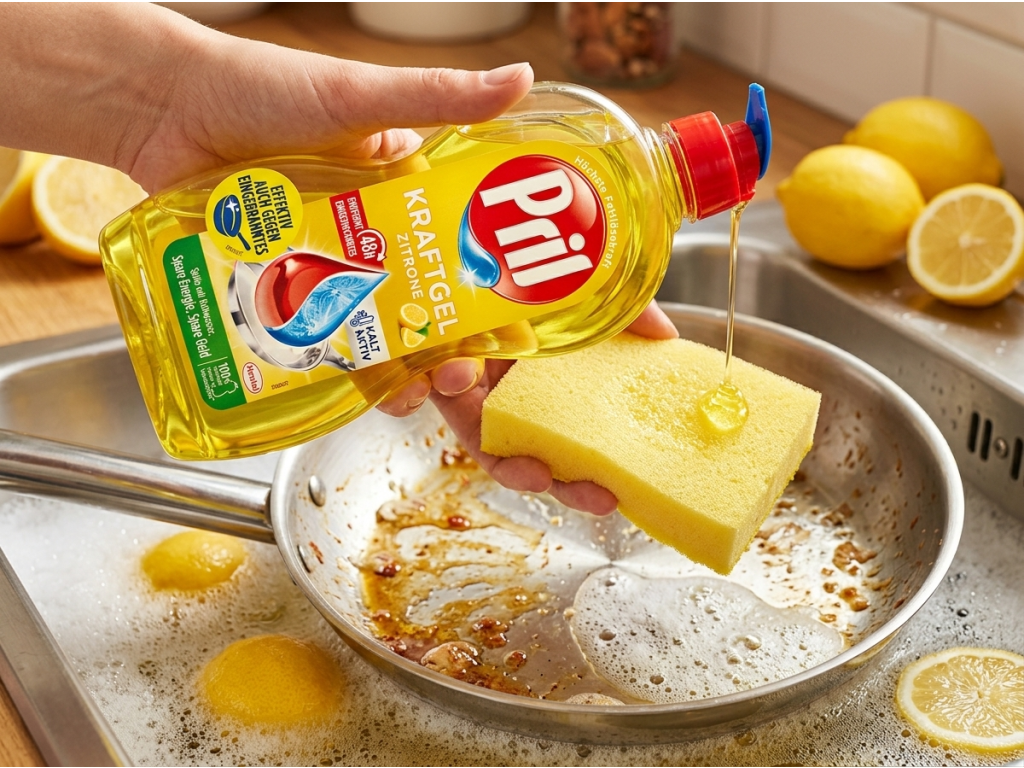 Pril Kraftgel Zitrone při ručním mytí nádobí