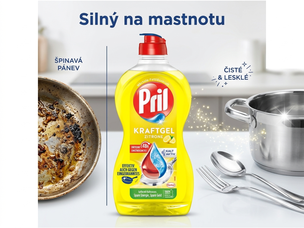 Srovnání Pril Kraftgel Zitrone s běžným mytím nádobí