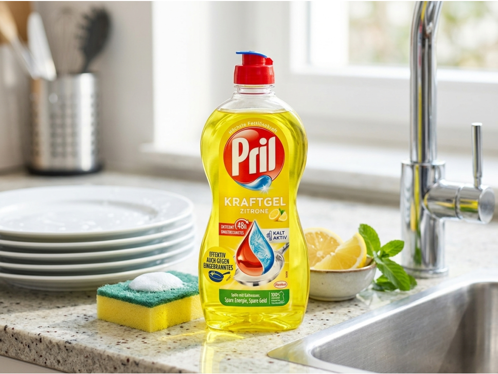Pril Kraftgel Zitrone v kuchyni s citronem