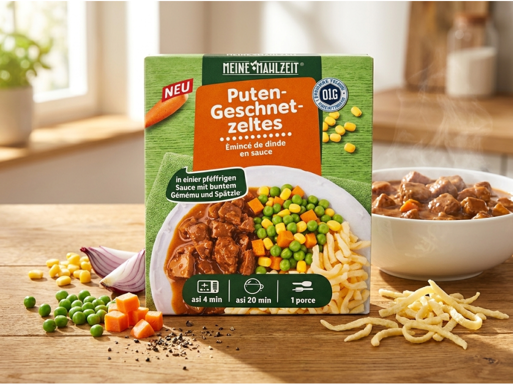 Meine Mahlzeit plátky krocana v kuchyňském prostředí