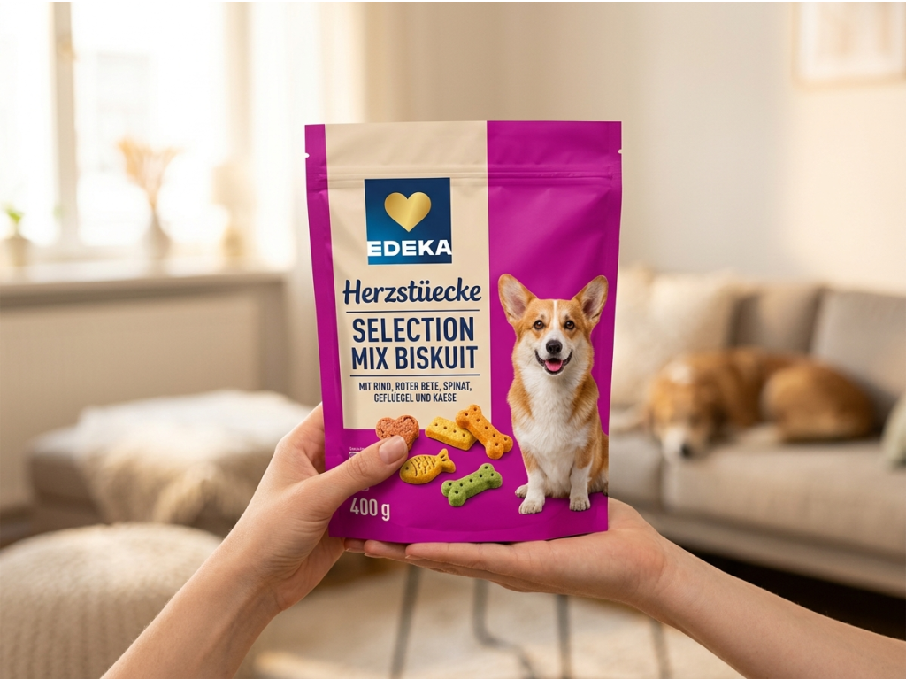 Ruka drzi baleni Edeka Biskuit Mix pamlsky pro psy
