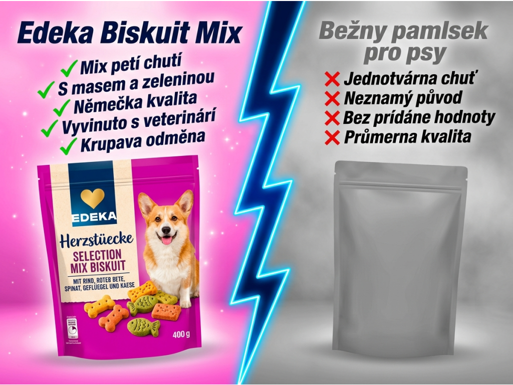 Edeka Biskuit Mix vs bezny pamlsek pro psy - srovnani