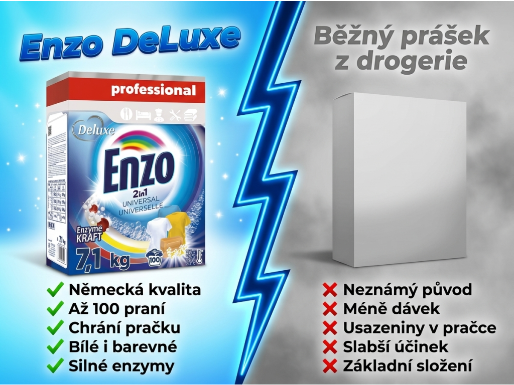 Enzo DeLuxe prací prášek 2in1 Universal srovnání s běžným práškem