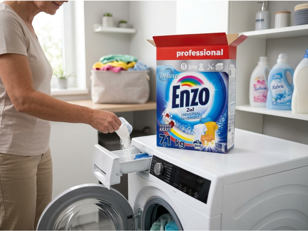 Enzo DeLuxe prací prášek 2in1 Universal při dávkování do pračky