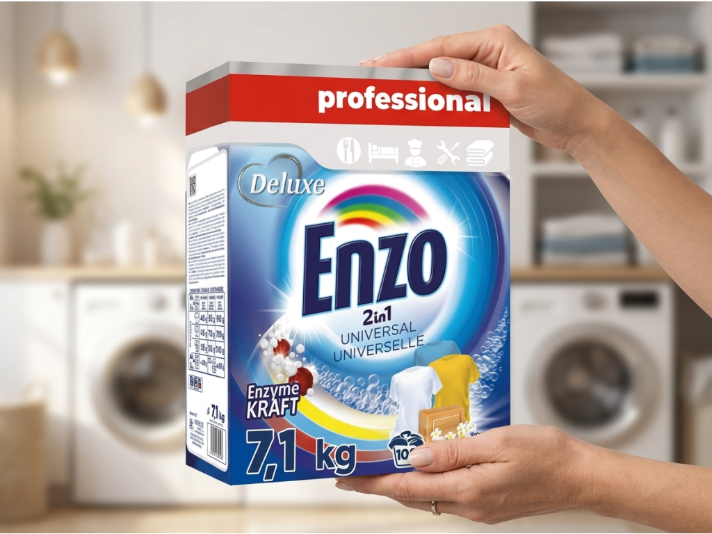 Enzo DeLuxe prací prášek 2in1 Universal v ruce