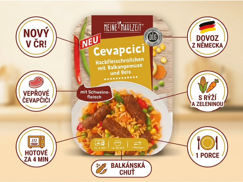 Meine Mahlzeit Čevapčiči s balkánskou zeleninou a rýží 300 g - infografika hlavních výhod
