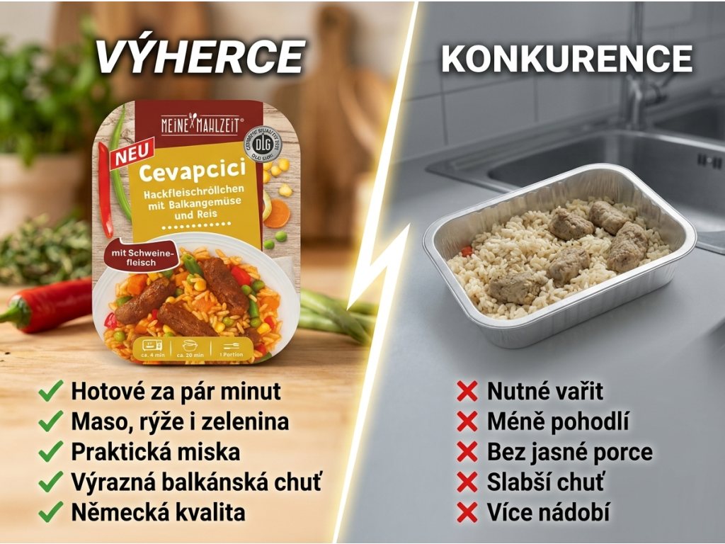 Meine Mahlzeit Čevapčiči s balkánskou zeleninou a rýží 300 g - srovnání s běžným rychlým jídlem