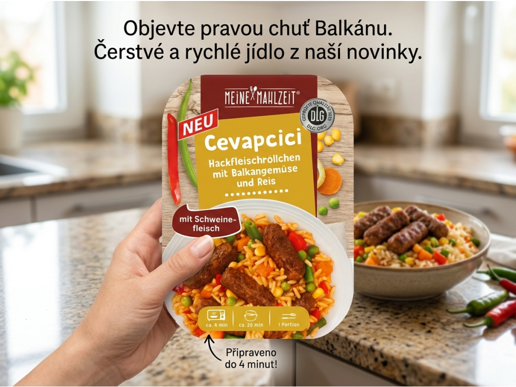 Meine Mahlzeit Čevapčiči s balkánskou zeleninou a rýží 300 g - balení v ruce