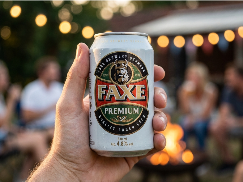 Faxe premium světlé pivo 4,6% 0,33 l - detail produktu v ruce