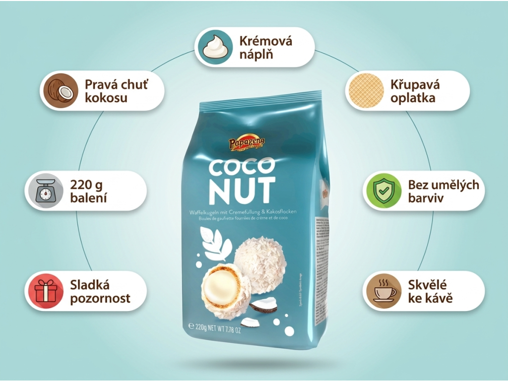 Papagena kokosové waflové kuličky - infografika benefitů