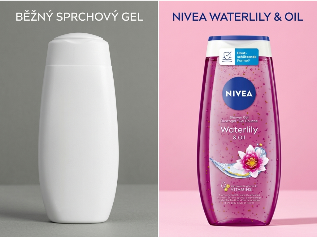 Nivea Waterlily & Oil sprchový gel - srovnání s běžným gelem