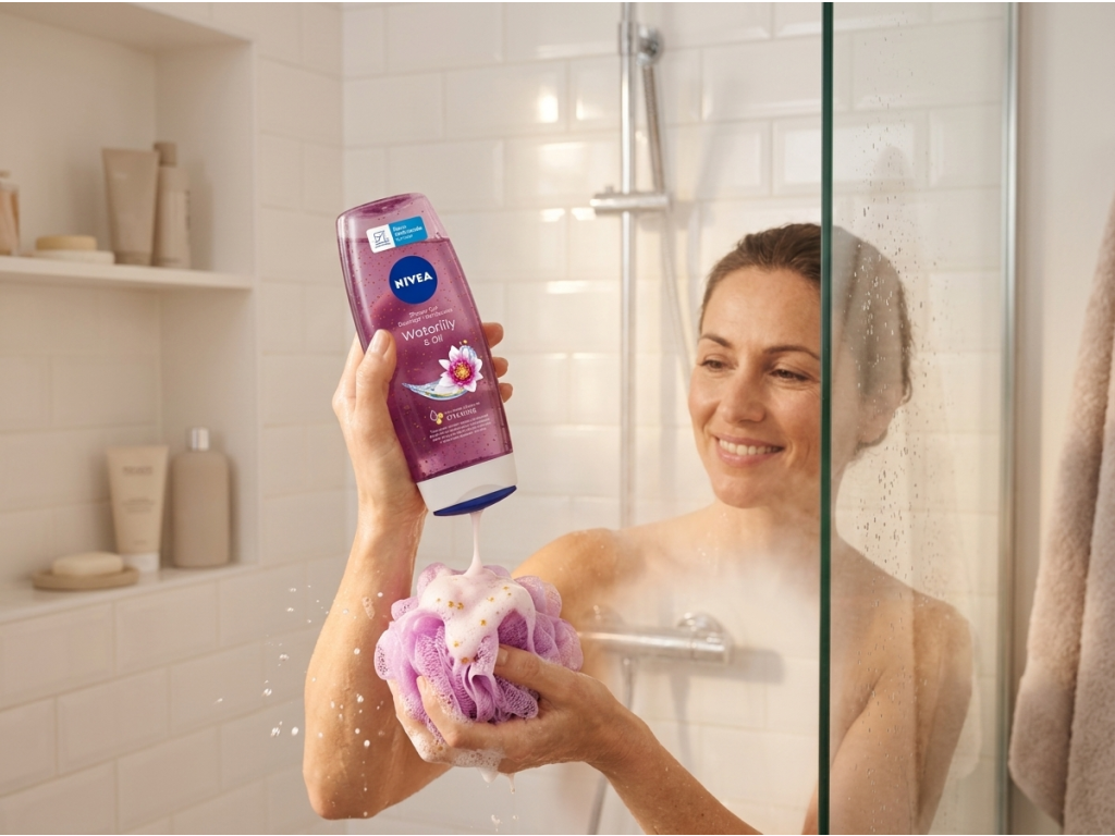 Nivea Waterlily & Oil sprchový gel při použití ve sprše