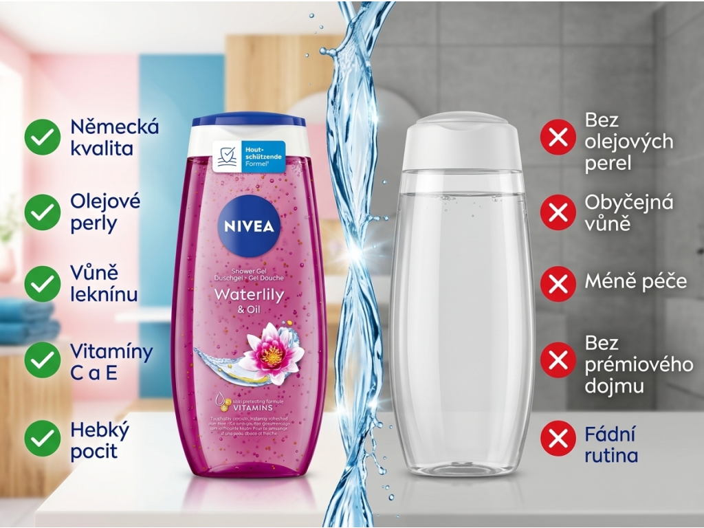 Nivea Waterlily & Oil sprchový gel 250 ml - srovnání s běžným sprchovým gelem