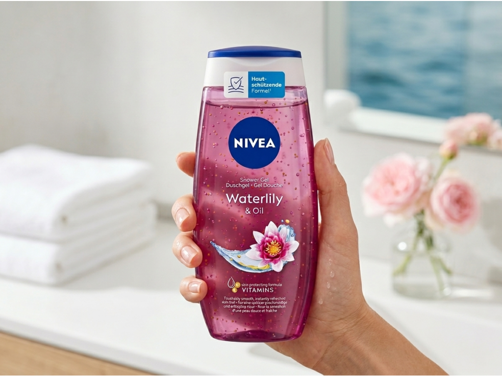 Nivea Waterlily & Oil sprchový gel 250 ml - láhev v ruce