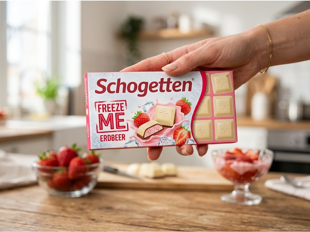 Schogetten Freeze Me bílá čokoláda v ruce