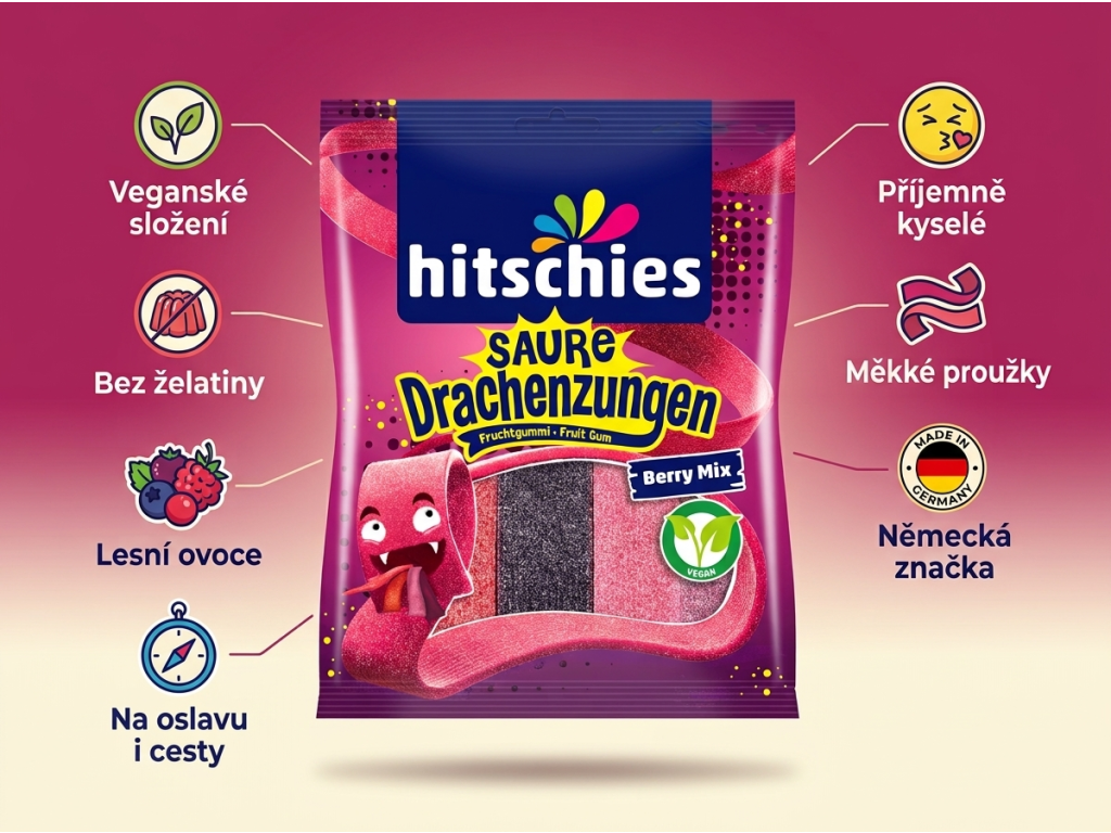 Hitschies kyselé dračí jazyky Berry Mix - hlavní výhody