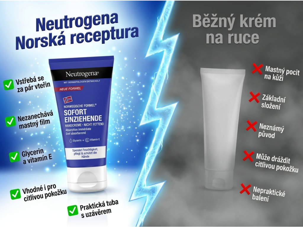 Neutrogena krém na ruce s okamžitým vstřebáváním - srovnání s běžným krémem