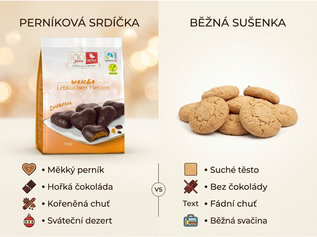 Srovnání perníkových srdíček Weiss s běžnou sušenkou