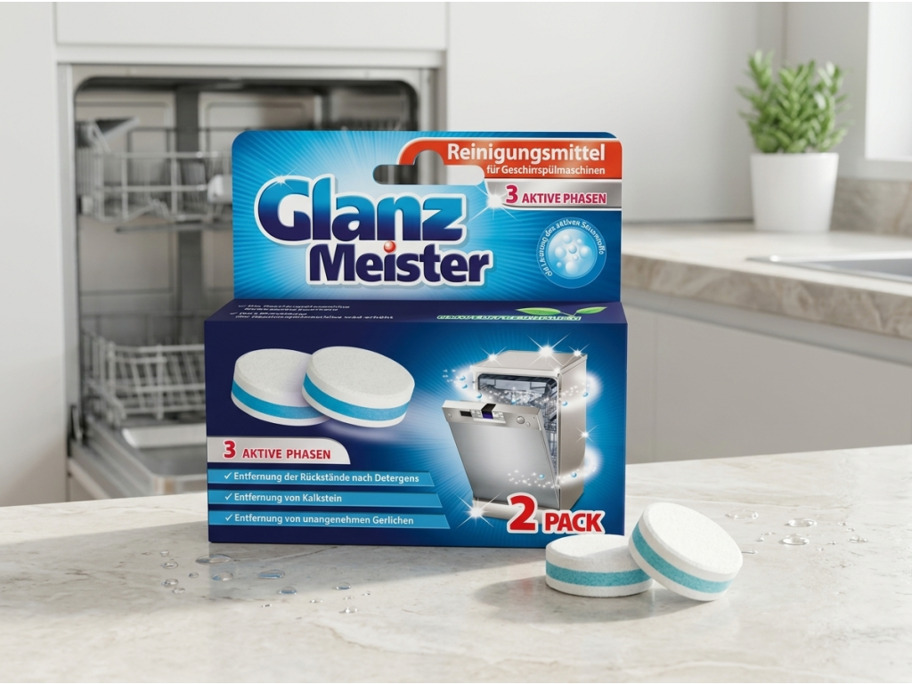 Glanz Meister čisticí tablety v prostředí moderní kuchyně