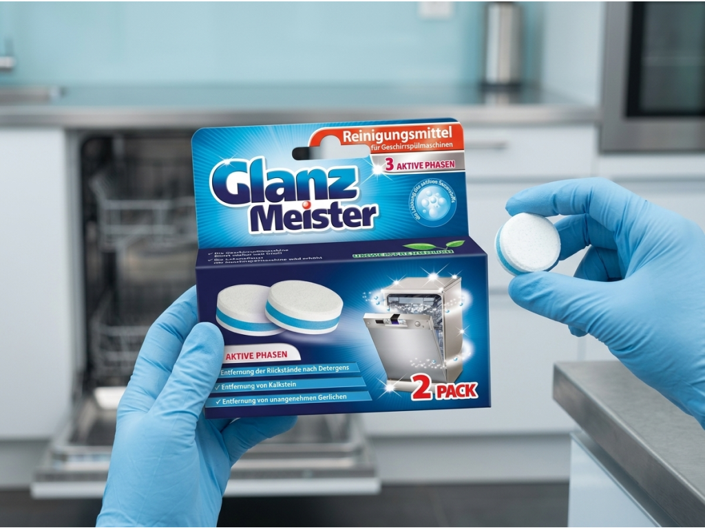 Balení Glanz Meister a čisticí tableta v ruce