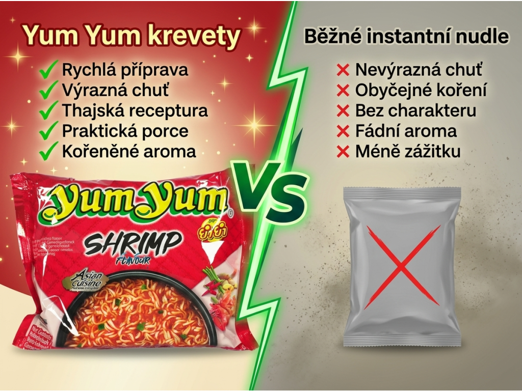 Srovnání Yum Yum krevetových nudlí s běžnými instantními nudlemi