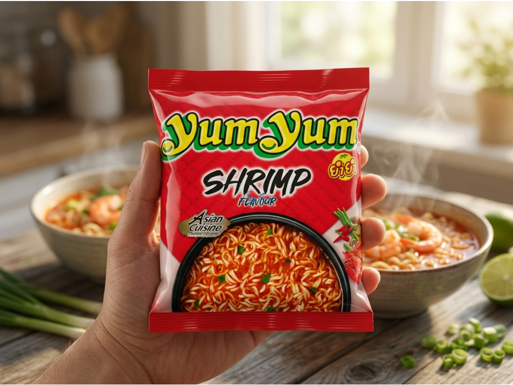Yum Yum krevetové instantní nudle v ruce