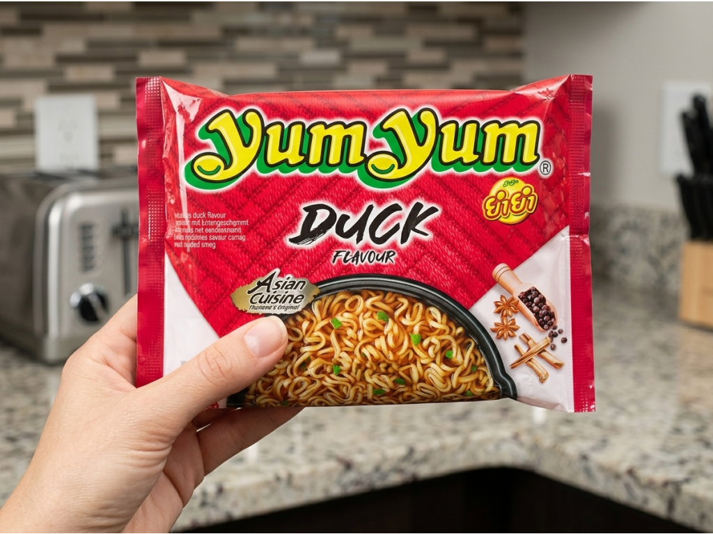 Yum Yum instantní nudle v ruce