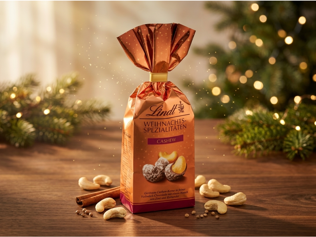 Lindt Vánoční kešu oříšek v čokoládě v zimním přírodním prostředí