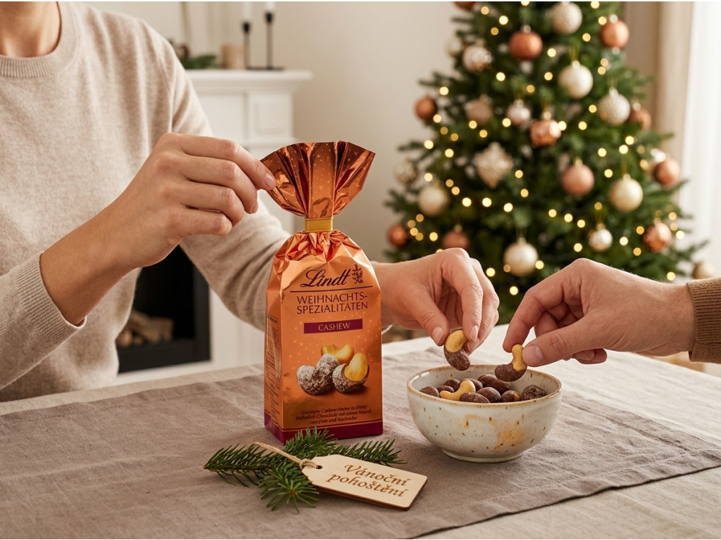 Lindt Vánoční kešu oříšek v čokoládě při svátečním servírování