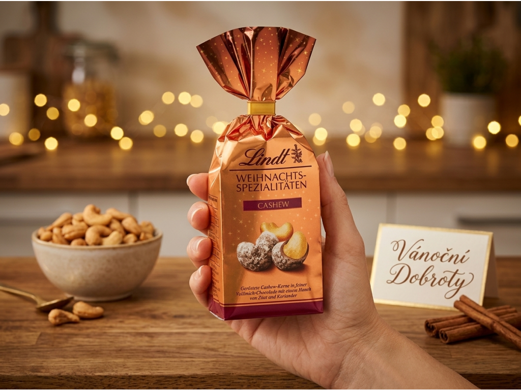 Lindt Vánoční kešu oříšek v čokoládě v ruce
