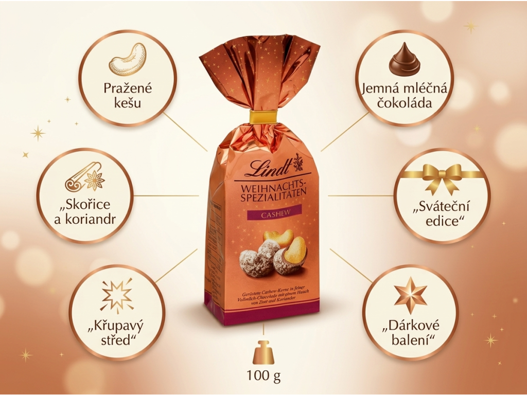 Lindt Vánoční kešu oříšek v čokoládě - přehled vlastností