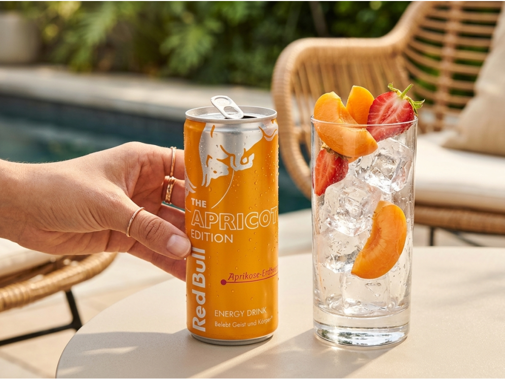 Podávání Red Bull Apricot Edition vychlazený