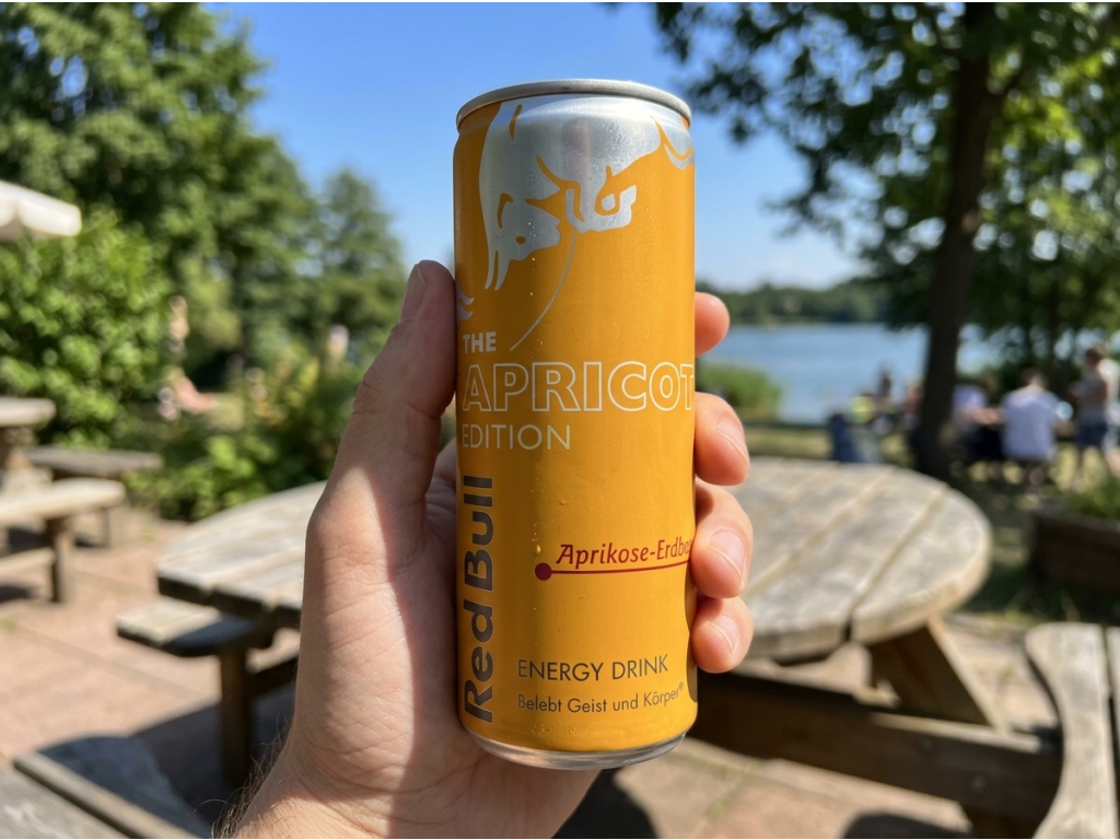Red Bull Apricot Edition plechovka v ruce