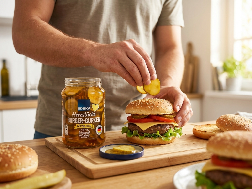 Příprava domácího burgeru s okurkami Edeka