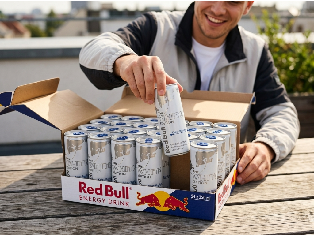 Mladý muž si bere Red Bull White Edition Kokos-Borůvka z balení 24 kusů