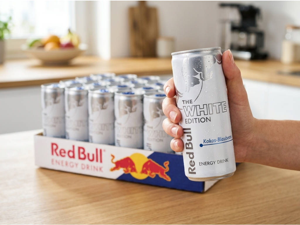 Red Bull White Edition Kokos-Borůvka 250 ml v ruce