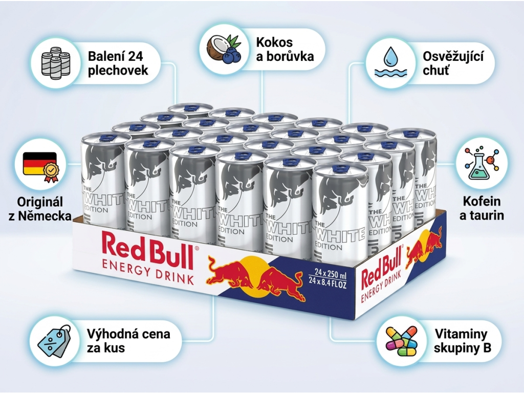Red Bull White Edition Kokos-Borůvka 24x250 ml - infografika benefitů