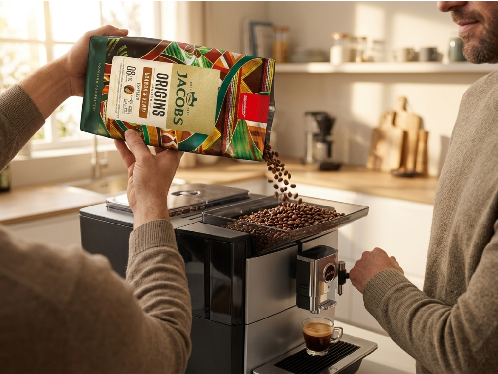 Příprava espressa z kávy Jacobs Origins Uganda a Keňa