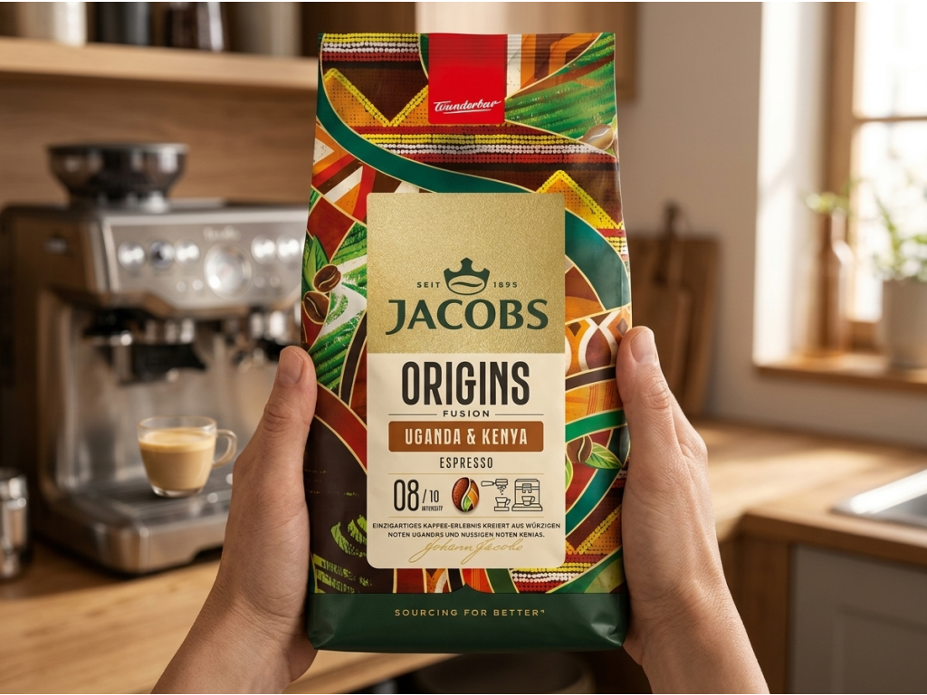 Balení Jacobs Origins Uganda a Keňa zrnková káva 1 kg