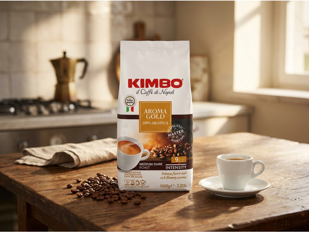 Kimbo Aroma Gold v prostředí s kávou