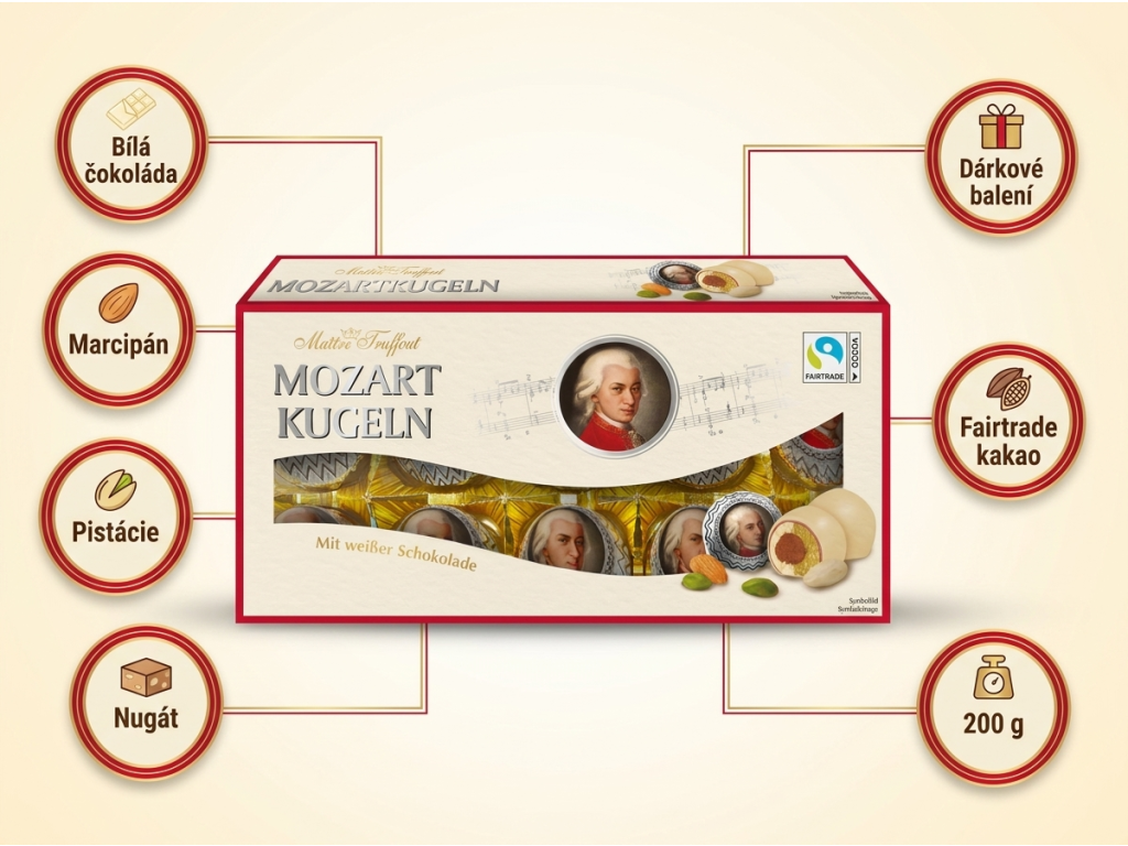 Maitre Truffout Mozartovy koule v bílé čokoládě 200 g - infografika benefitů