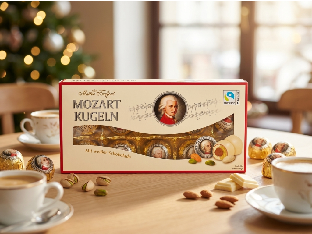 Maitre Truffout Mozartovy koule v bílé čokoládě 200 g - servírování ke kávě
