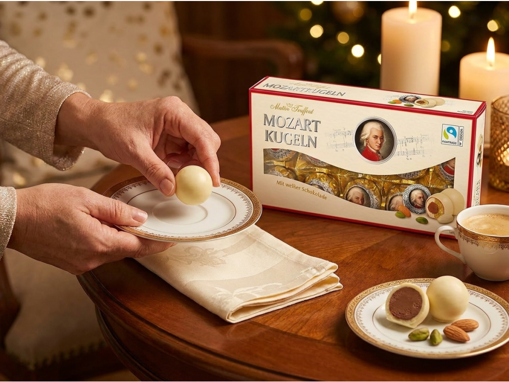 Maitre Truffout Mozartovy koule v bílé čokoládě 200 g - podávání pralinek