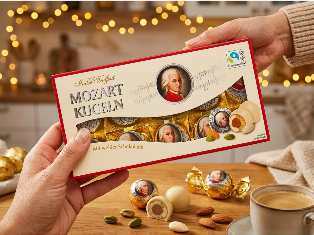Maitre Truffout Mozartovy koule v bílé čokoládě 200 g - krabička v ruce